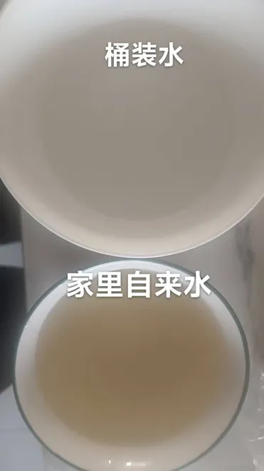 此前家中自來水與購買的桶裝水進行對比。網友供圖